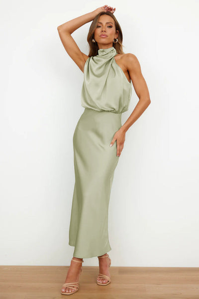 Caroline | Long Satin Dress with Halter Neck