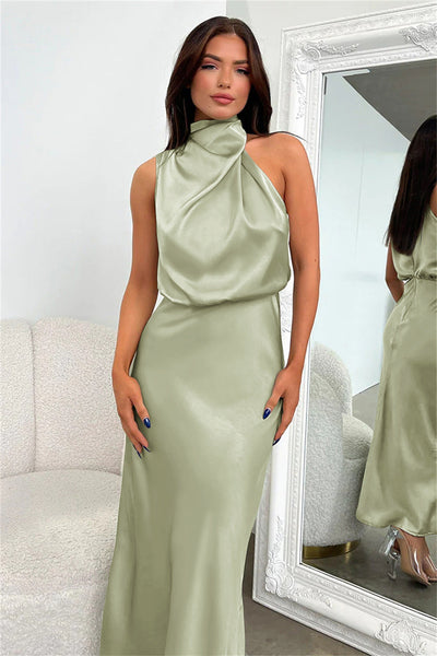 Caroline | Long Satin Dress with Halter Neck