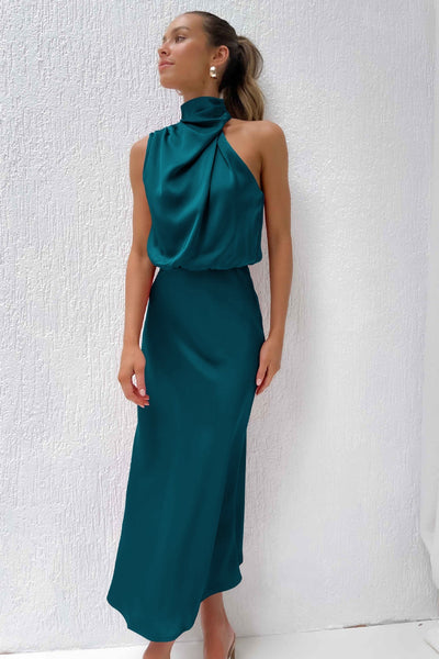 Caroline | Long Satin Dress with Halter Neck