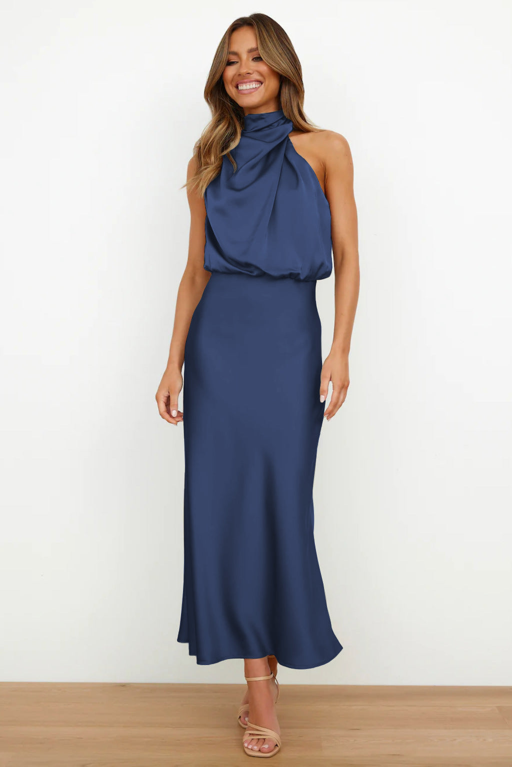 Caroline | Long Satin Dress with Halter Neck