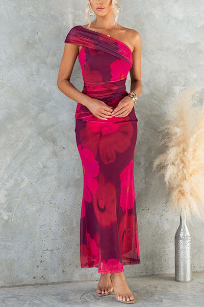 Marianne | One Shoulder Floral Print Mesh Bodycon Maxi Dress