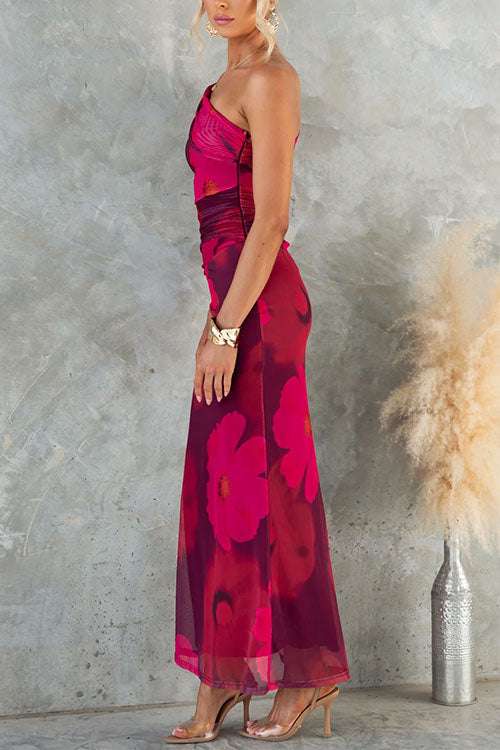 Marianne | One Shoulder Floral Print Mesh Bodycon Maxi Dress