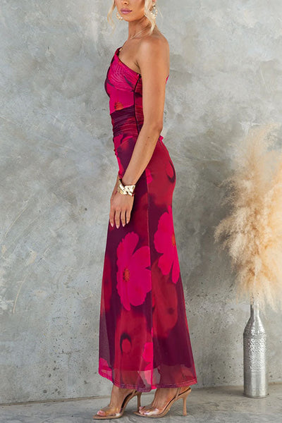 Marianne | One Shoulder Floral Print Mesh Bodycon Maxi Dress