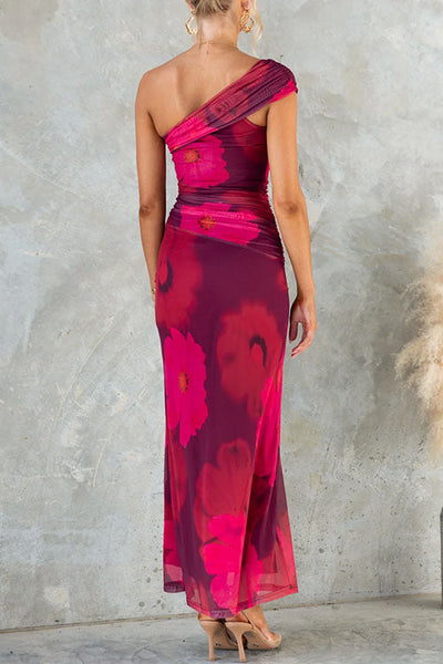 Marianne | One Shoulder Floral Print Mesh Bodycon Maxi Dress