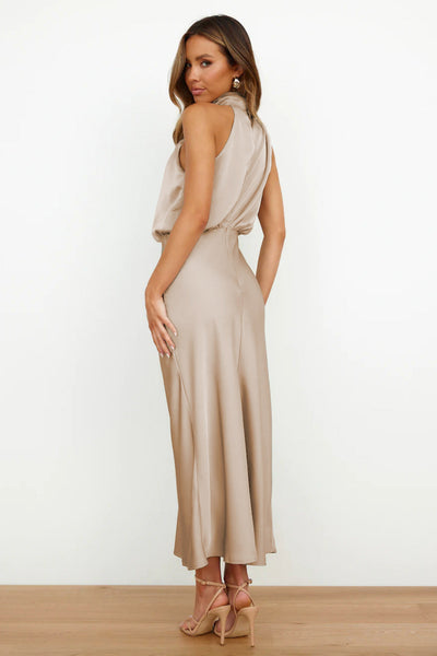 Caroline | Long Satin Dress with Halter Neck