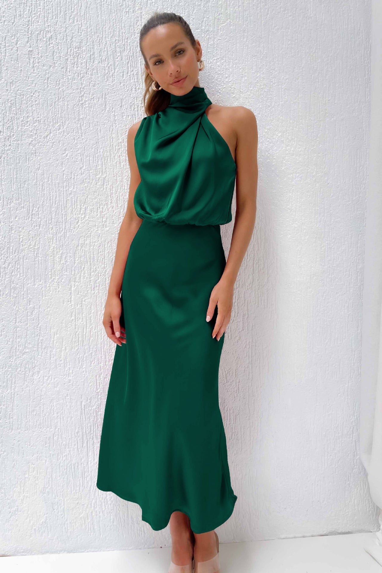 Caroline | Long Satin Dress with Halter Neck