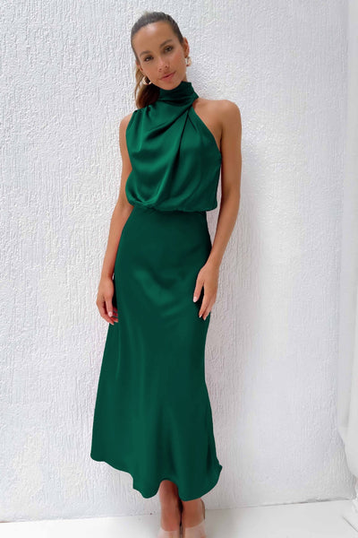 Caroline | Long Satin Dress with Halter Neck