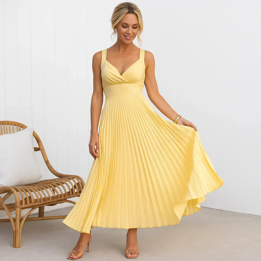 Rosemary | Yellow Pleated V-Neck Maxi Dress
