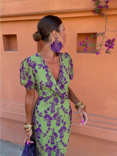 Lucy | Boho V-Neck Floral Pleated Dress
