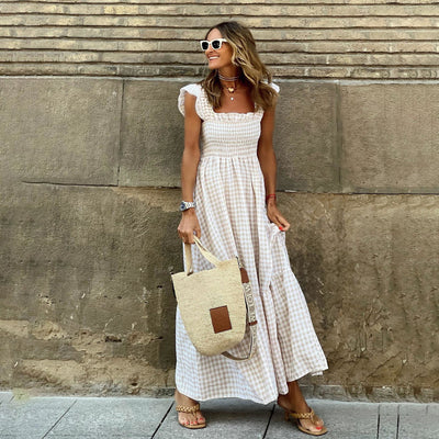 Demi | Long dress with ruffled sleeves and checked frills