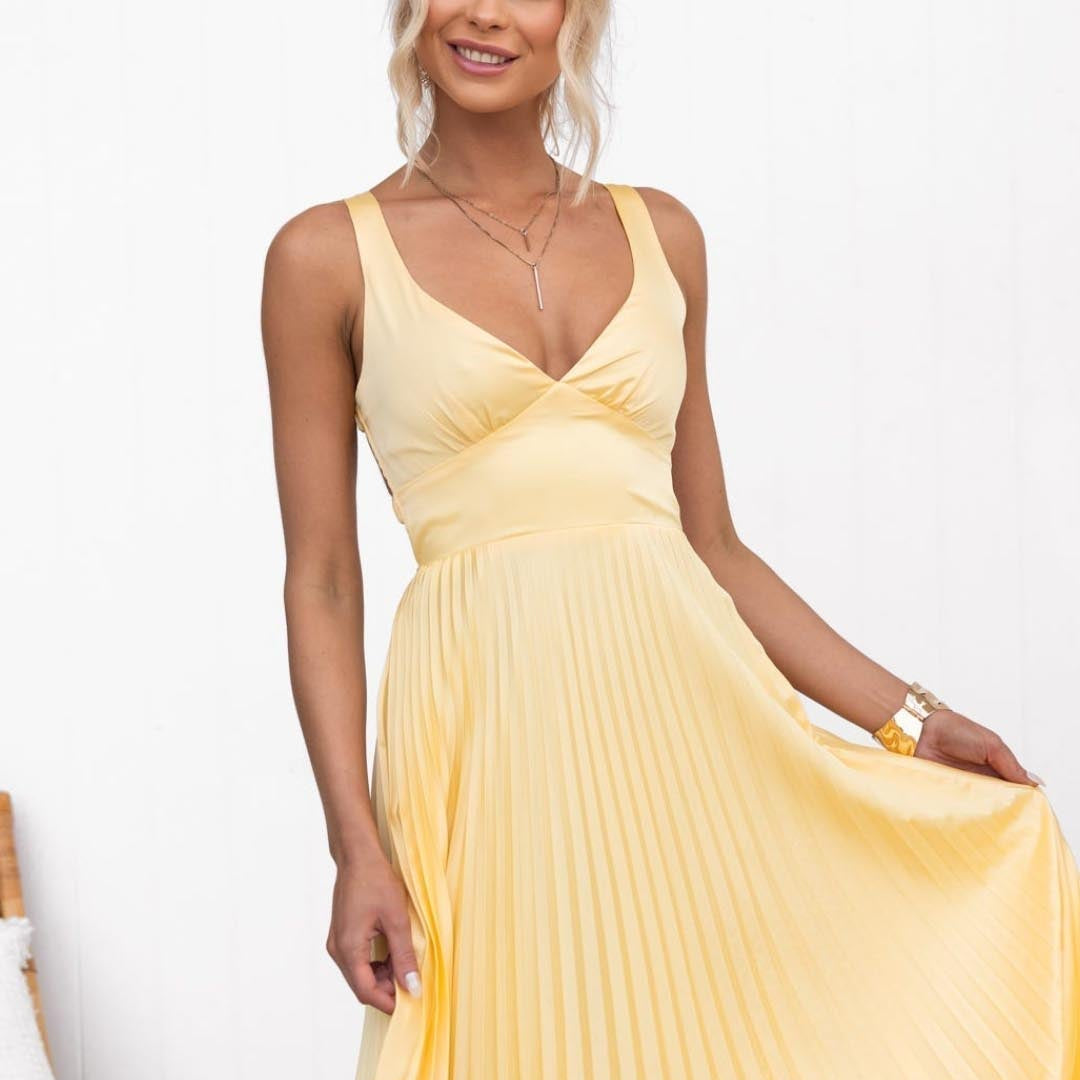 Rosemary | Yellow Pleated V-Neck Maxi Dress