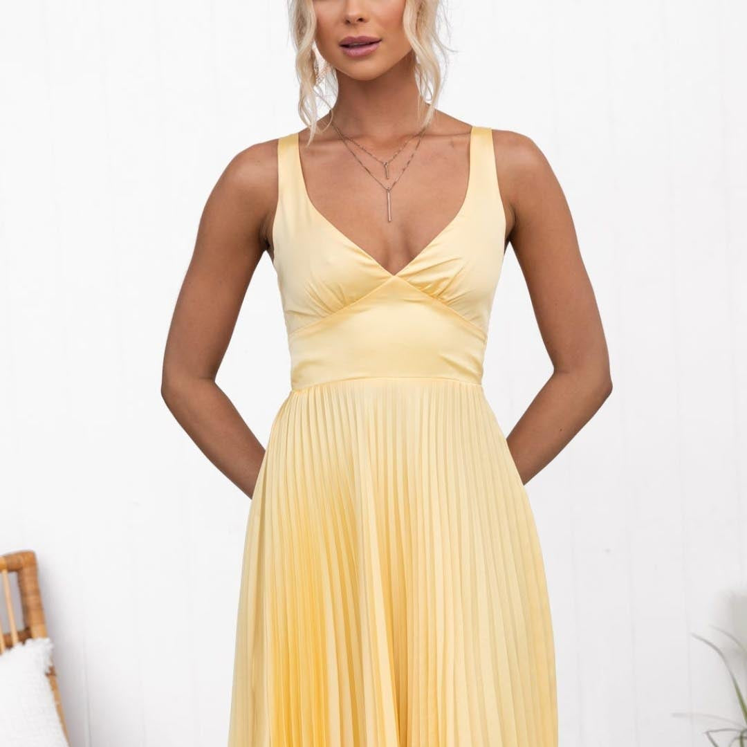 Rosemary | Yellow Pleated V-Neck Maxi Dress