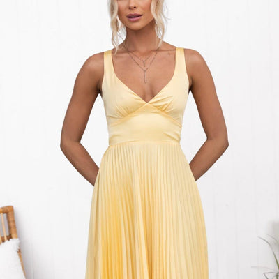 Rosemary | Yellow Pleated V-Neck Maxi Dress