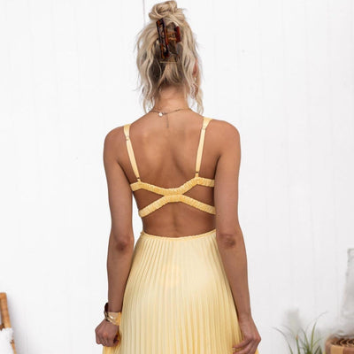 Rosemary | Yellow Pleated V-Neck Maxi Dress