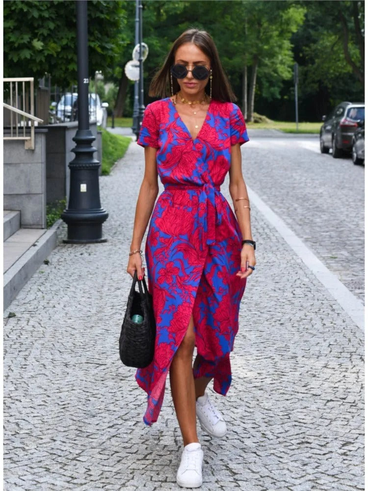 Vada | Sunset Stroll V-Neck Slit Print Dress