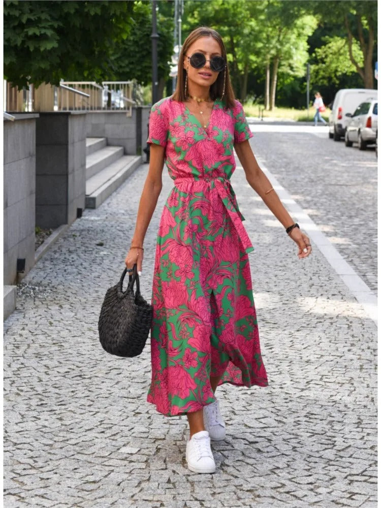 Vada | Sunset Stroll V-Neck Slit Print Dress