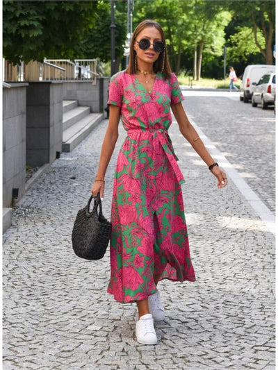 Vada | Sunset Stroll V-Neck Slit Print Dress